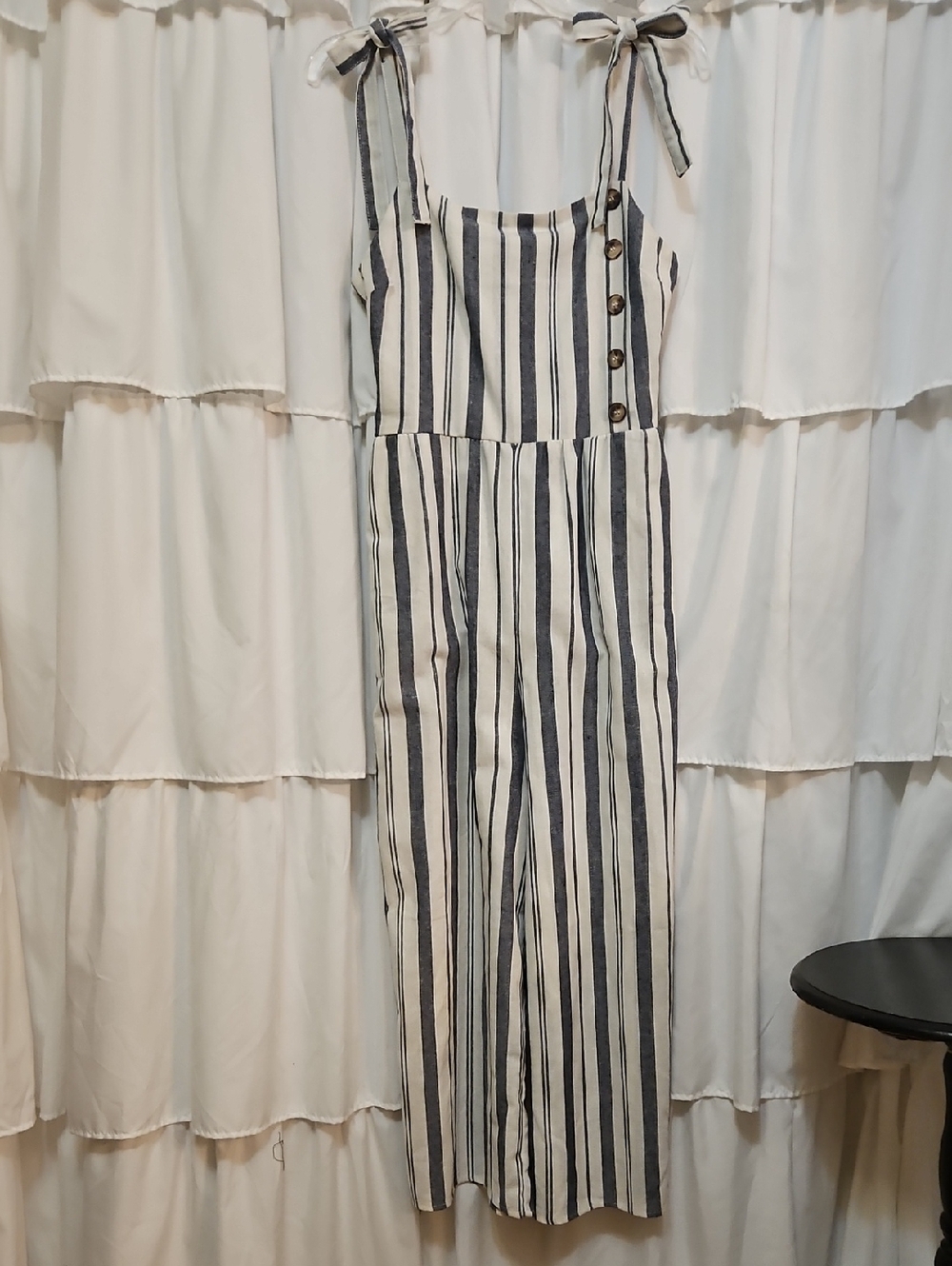 Striped Tie-Shoulder Jumpsuit in Navy and White